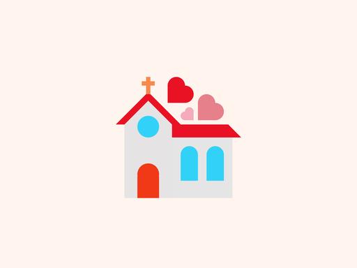 Illustration: Eine Kirche mit drei Herzen über dem Dach.