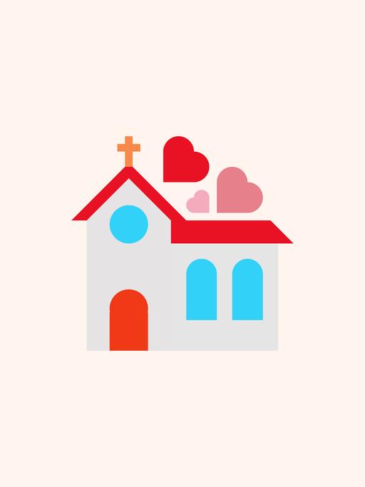 Illustration: Eine Kirche mit drei Herzen über dem Dach.