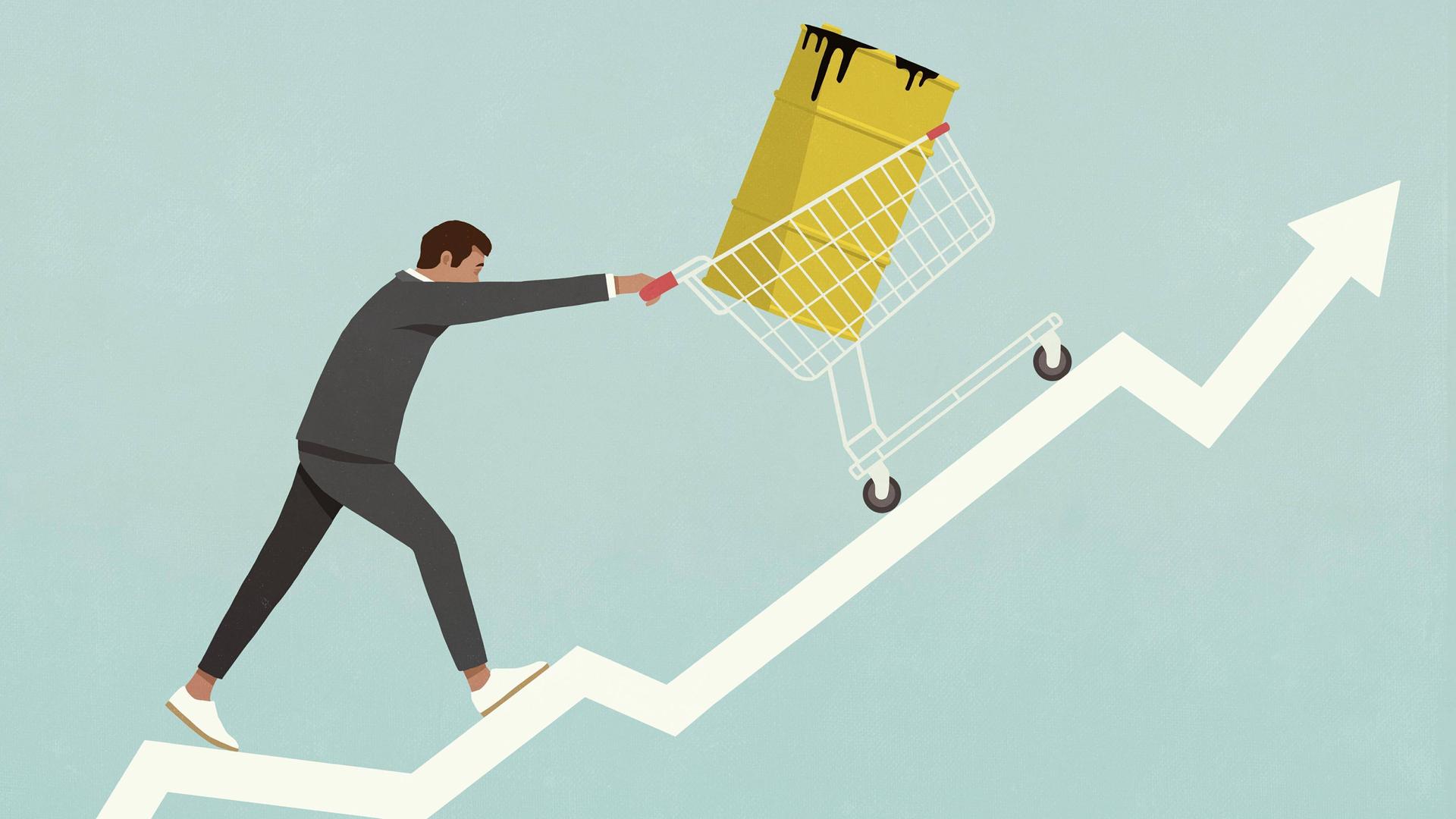 Illustration eines Geschäftsmannes, der unter sichtlicher Anstrengung ein Ölfass in einem Einkaufswagen einen steigenden Graph hinaufschiebt Illustration eines Geschäftsmannes, der unter sichtlicher Anstrengung ein Ölfass in einem Einkaufswagen einen steigenden Graph hinaufschiebt