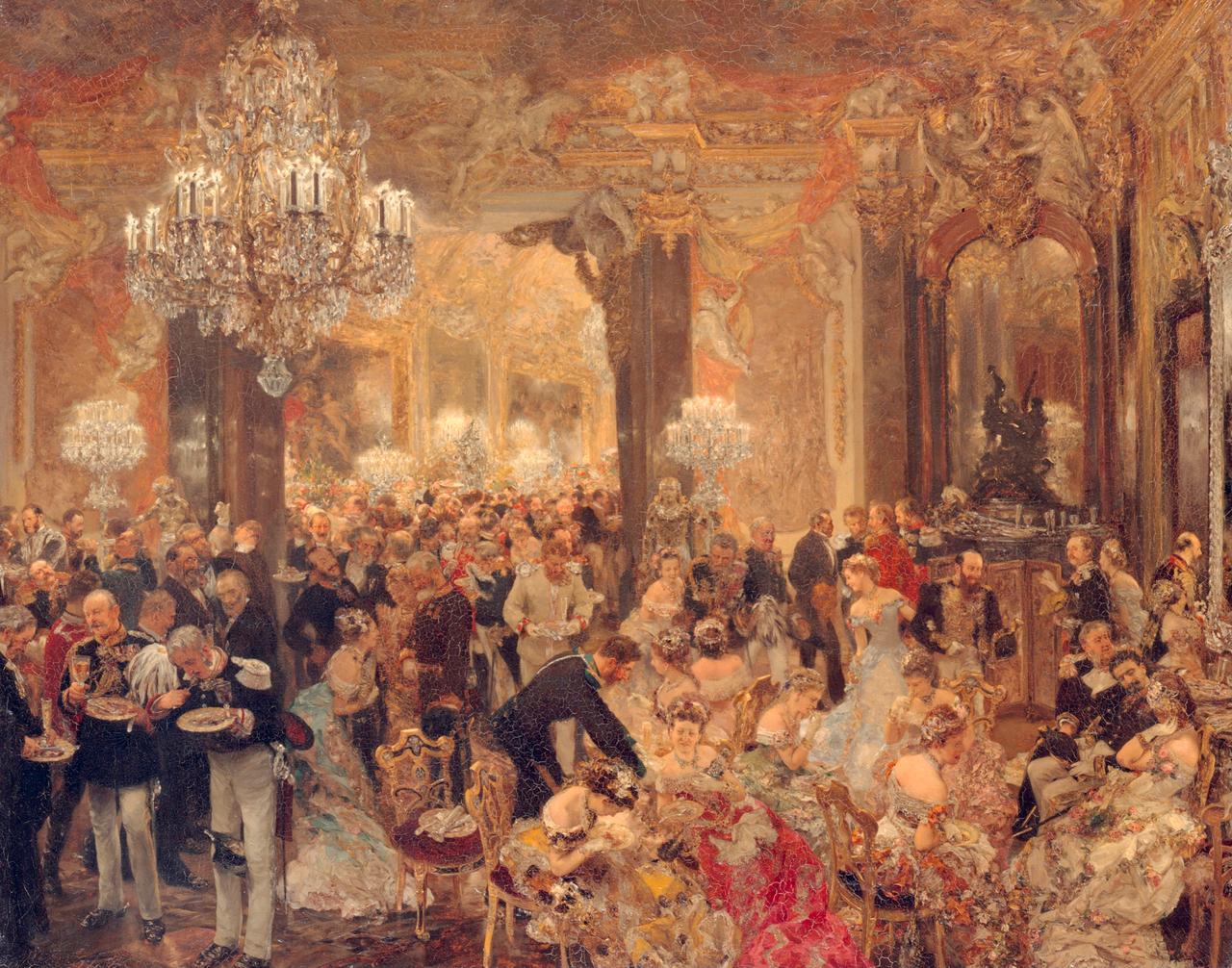 Das Gemälde von Adolph Menzel zeigt eine Ballszene in einem opulenten Saal mit großen Kronenleuchtern. Das Gemälde von Adolph Menzel zeigt eine Ballszene in einem opulenten Saal mit großen Kronenleuchtern.