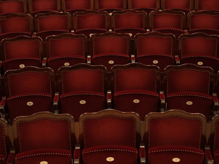 Leere Reihen rot bezogener Sitze in einem Theater