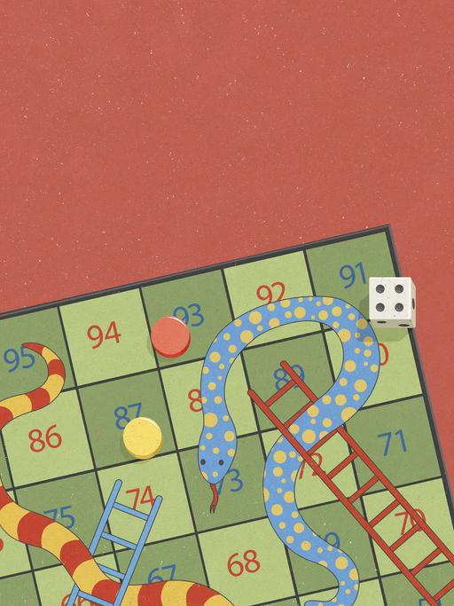 Illustration eines Leiter und Schlange Spiels vor rotem Hintergrund.