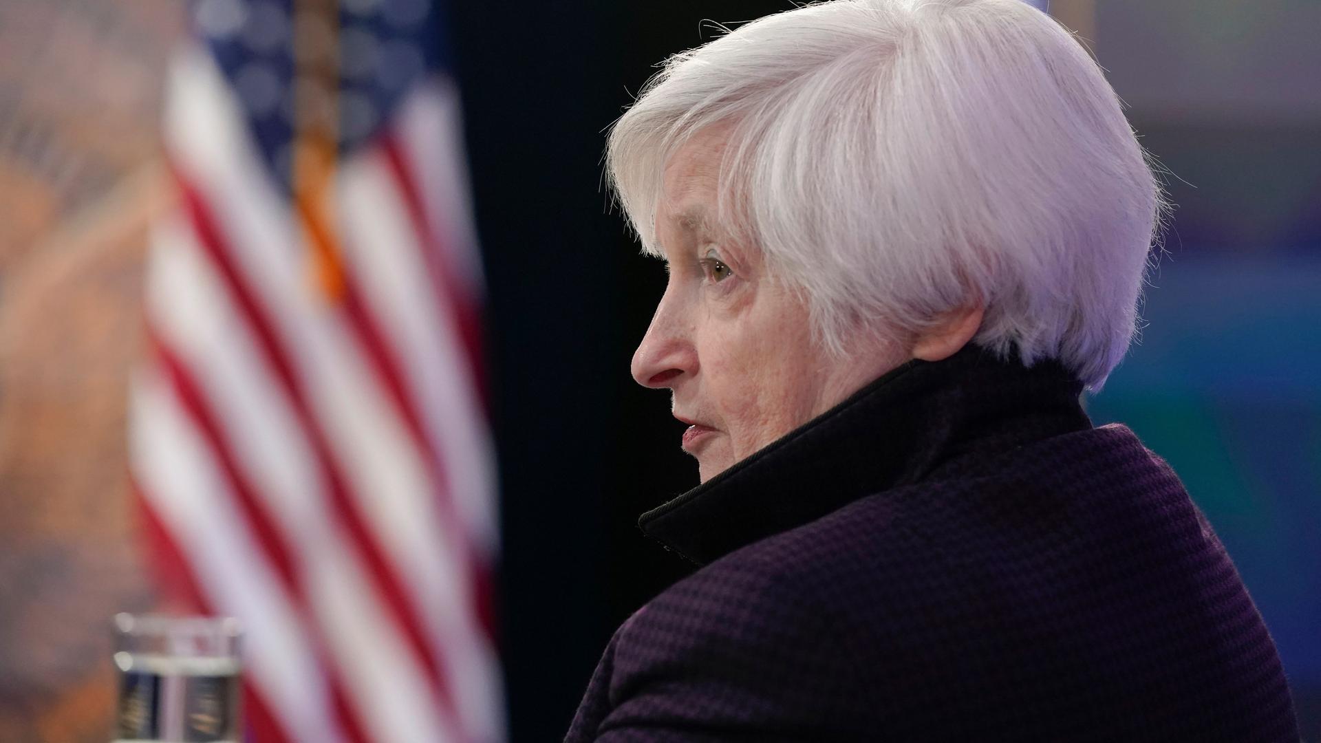 US-Finanzministerin Janet Yellen steht vor einer US-Flagge US-Finanzministerin Janet Yellen steht vor einer US-Flagge