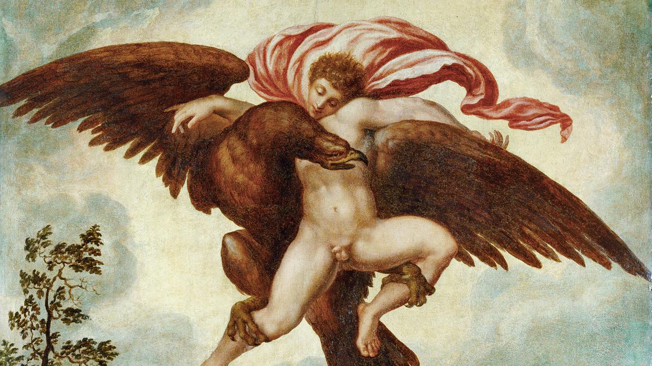Ein altes Gemälde zeigt einen nackten Mann, der von einem großen Vogel in die Lüfte gehoben wird.