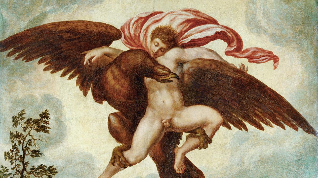 Ein altes Gemälde zeigt einen nackten Mann, der von einem großen Vogel in die Lüfte gehoben wird. Ein altes Gemälde zeigt einen nackten Mann, der von einem großen Vogel in die Lüfte gehoben wird.