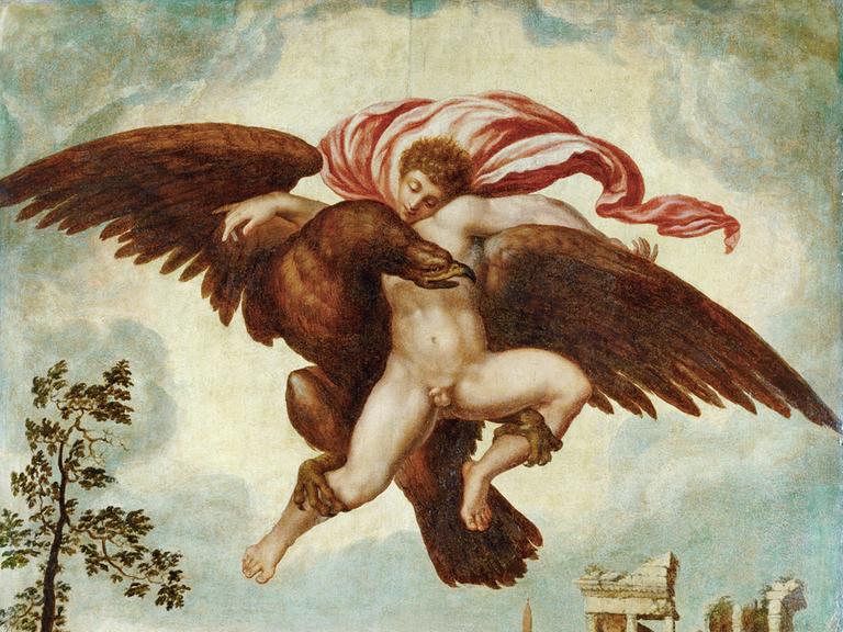 Ein altes Gemälde zeigt einen nackten Mann, der von einem großen Vogel in die Lüfte gehoben wird.