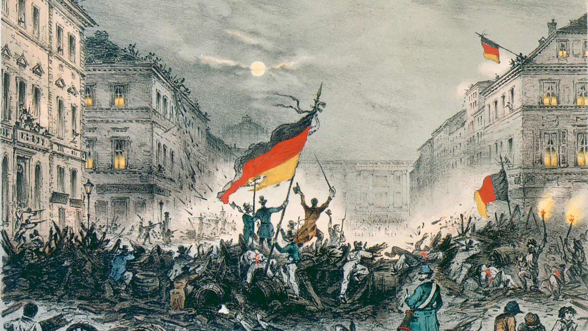 Eine Kreide-Litographie zeigt Straßenkämpfe in der Breite Straße in Berlin, in der Nacht vom 18. auf den 19. März 1848 – die Märzrevolution. Eine Kreide-Litographie zeigt Straßenkämpfe in der Breite Straße in Berlin, in der Nacht vom 18. auf den 19. März 1848 – die Märzrevolution.
