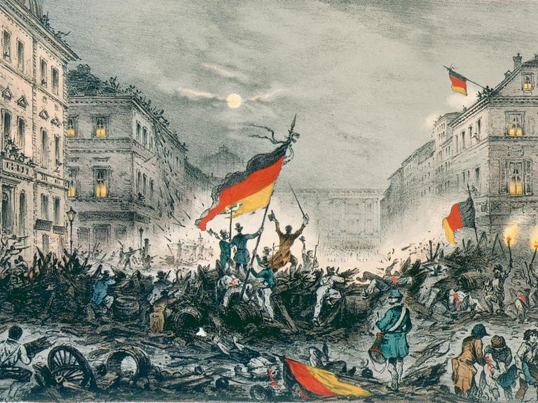 Eine Kreide-Litografie zeigt Straßenkämpfe in der Breite Straße in Berlin, in der Nacht vom 18. auf den 19. März 1848 – die Märzrevolution.