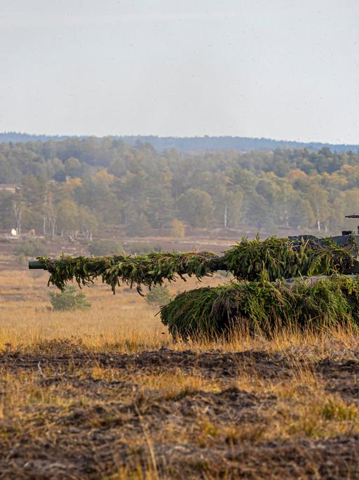 Ein Kampf-Panzer vom Typ Leopard 2 fährt über eine Wiese.