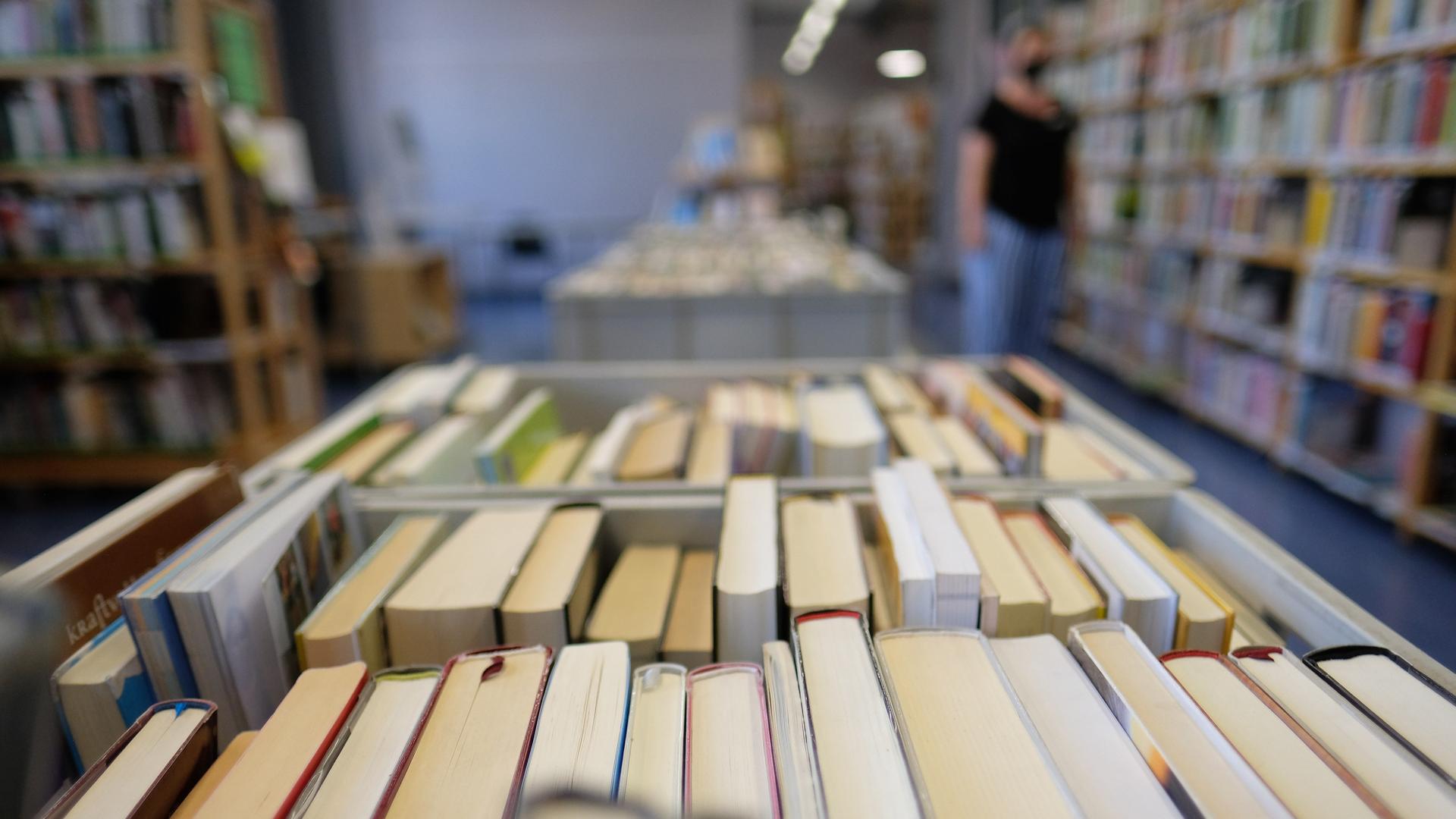 Bücher stehen in der Stadtbibliothek in Boxen auf einem Tisch. Durch die Corona-Pandemie hatten die Bibliotheken in Sachsen-Anhalt weniger Nutzer und somit geringere Einnahmen. Bücher stehen in der Stadtbibliothek in Boxen auf einem Tisch. Durch die Corona-Pandemie hatten die Bibliotheken in Sachsen-Anhalt weniger Nutzer und somit geringere Einnahmen.
