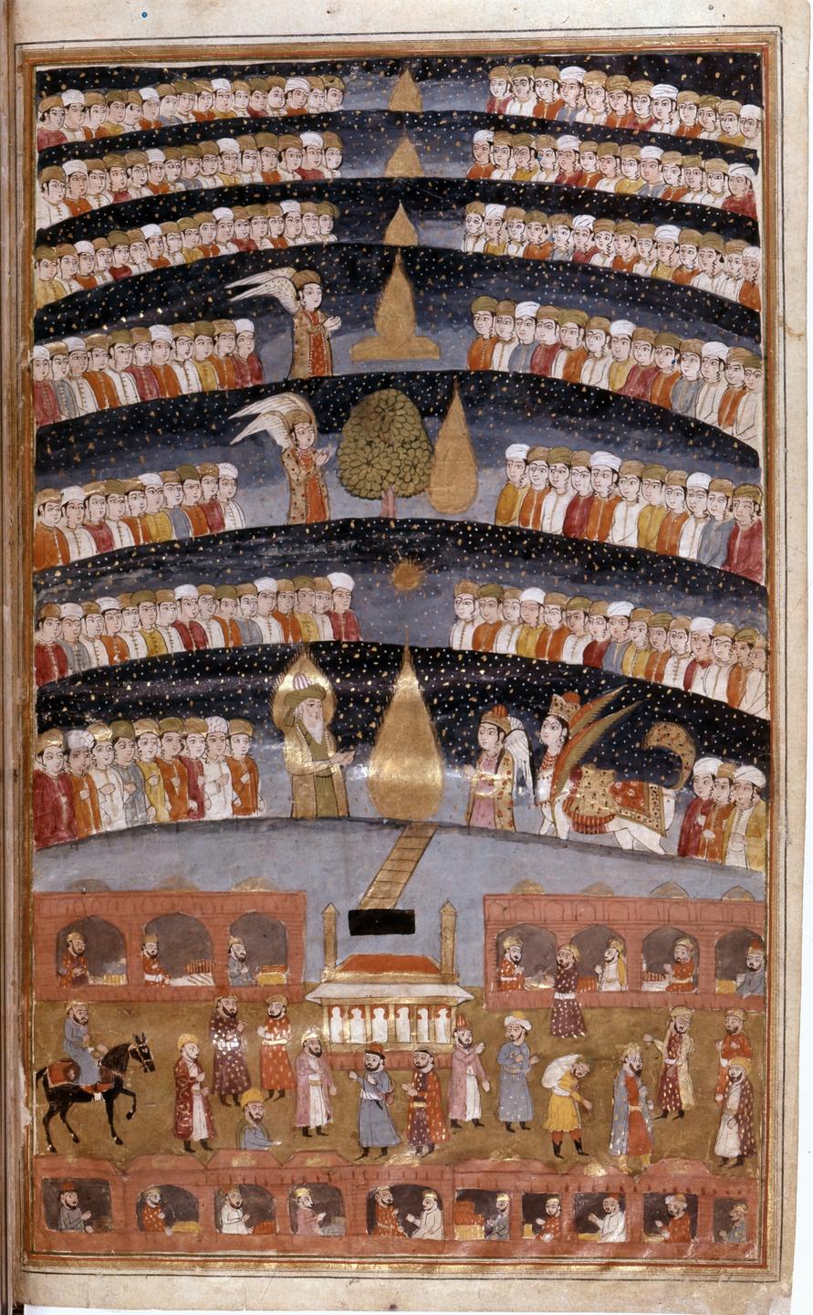 Historische Darstellung des Paradieses im Islam mit sieben übereinander geschichteten Himmelsetagen über der Kaaba in Mekka. Historische Darstellung des Paradieses im Islam mit sieben übereinander geschichteten Himmelsetagen über der Kaaba in Mekka.