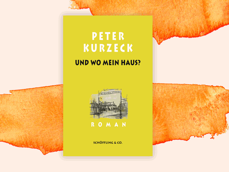 Cover von Peter Kurzecks Roman "Und wo mein Haus?". Die Schrift liegt auf gelbem Grund, darunter sind gezeichnete Häuser.