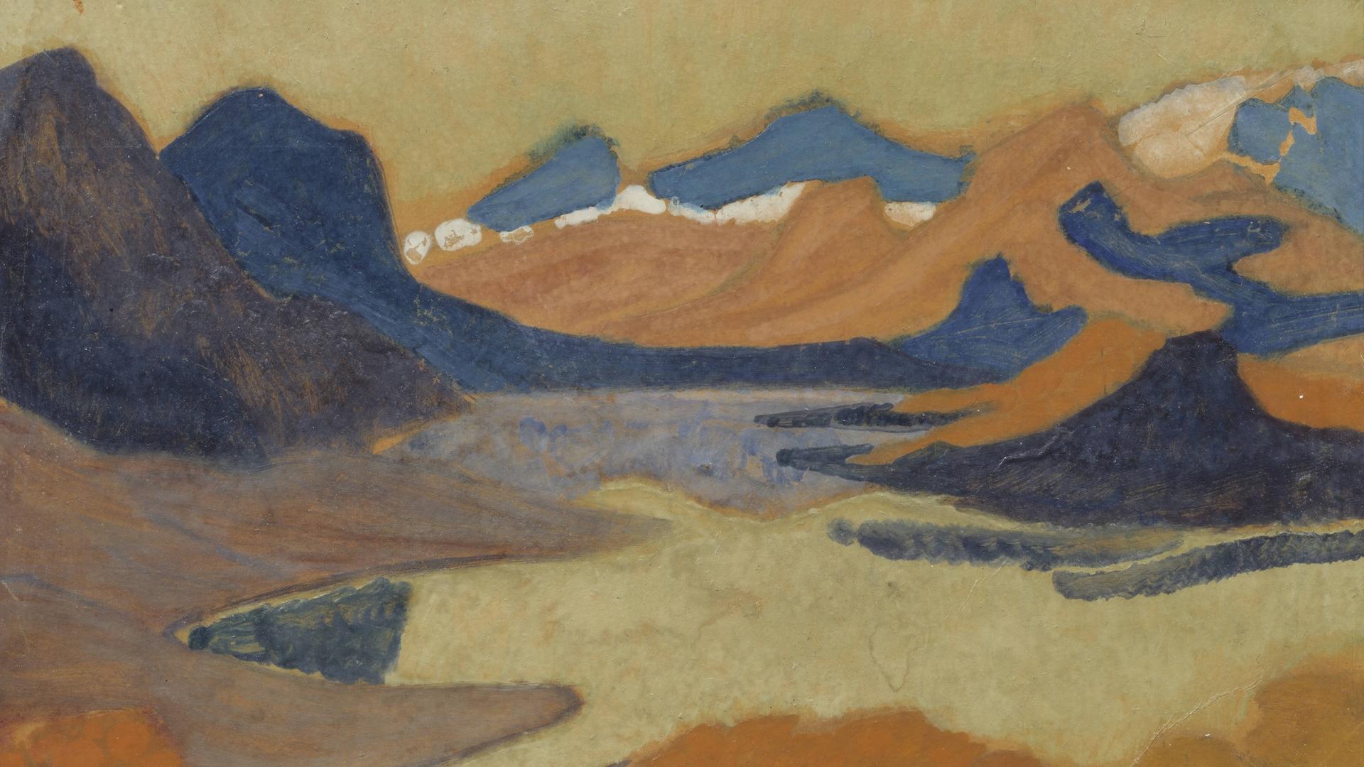 Ein impressionistisches Bild zeigt in Okker- und Blautönen eine nordische, bergige Landschaft, durch die Wasser drängt. Ein impressionistisches Bild zeigt in Okker- und Blautönen eine nordische, bergige Landschaft, durch die Wasser drängt.