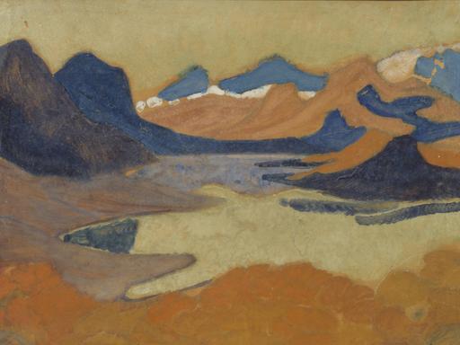 Ein impressionistisches Bild zeigt in Okker- und Blautönen eine nordische, bergige Landschaft, durch die Wasser drängt.