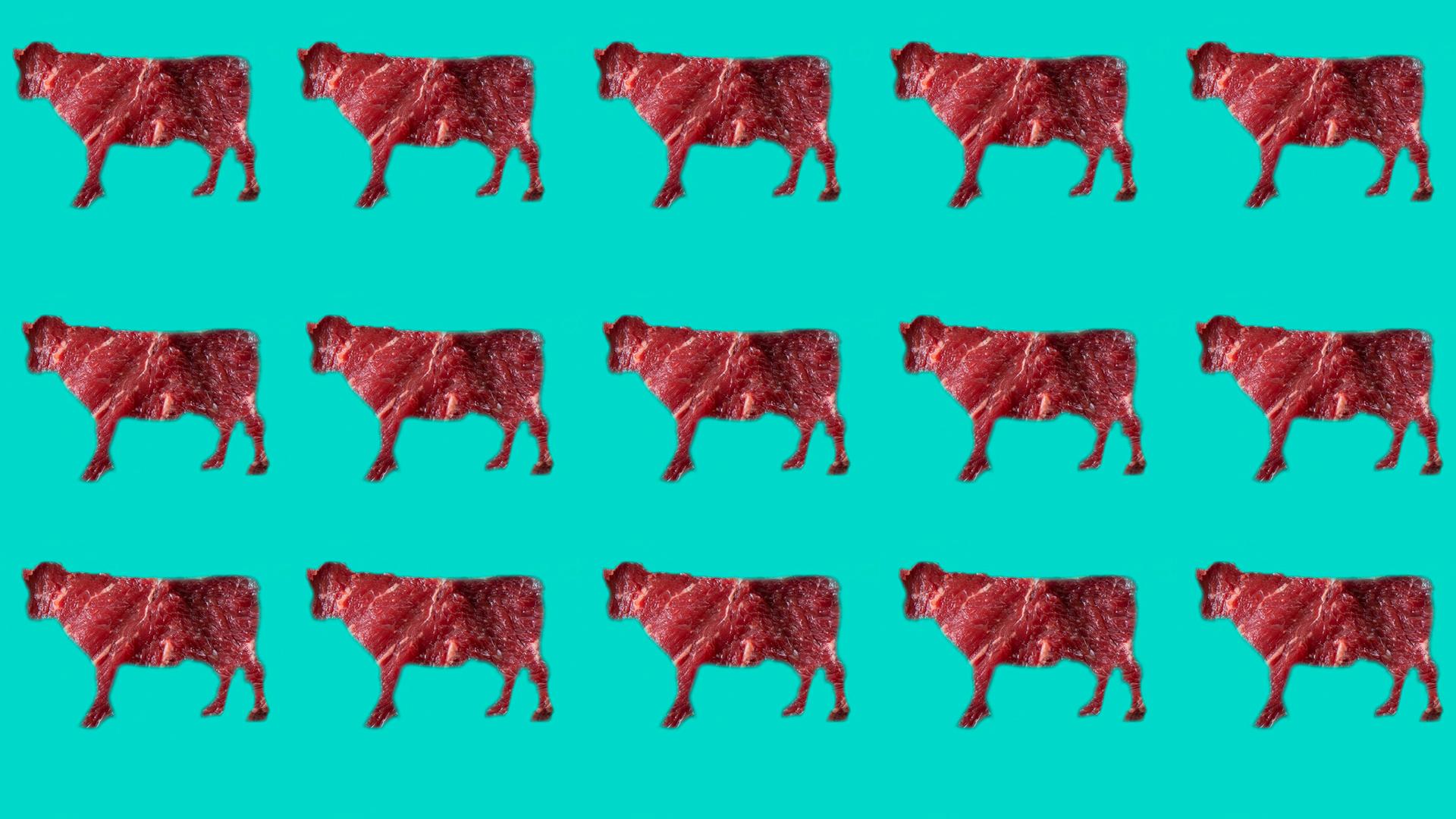 Vor einem blauen Hintergrund sind die Umrisse von Kühen zu sehen. Die Kühe bestehen aus Fleisch.