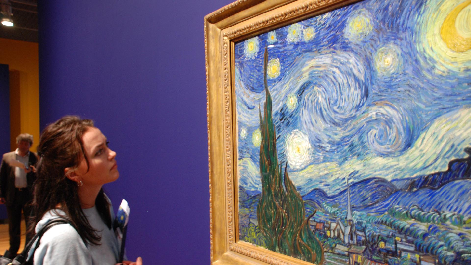 Eine Besucherin steht vor dem Werk "Die Sternennacht", das Van Gogh 1889 in Saint-Rémy malte Eine Besucherin steht vor dem Werk "Die Sternennacht", das Van Gogh 1889 in Saint-Rémy malte
