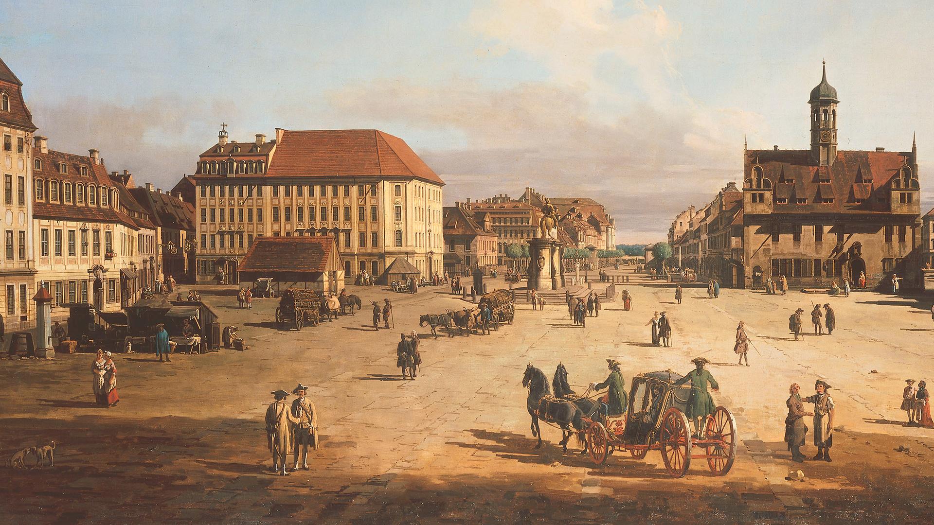 Eine barocke Stadtansicht zeigt einen Markt mit Menschen und einer Kutsche zwischen historischen Gebäuden. Eine barocke Stadtansicht zeigt einen Markt mit Menschen und einer Kutsche zwischen historischen Gebäuden.