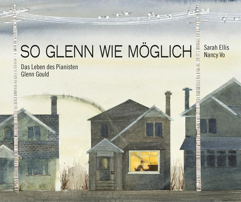 Das Cover zeigt eine Tuschezeichnung einer Reihenhaussiedlung. Im einzigen erleuchteten Fenster sieht man einen Mann am Klavier sitzen. Darüber Buchtitel und die Namen der Autorin und Zeichnerin.