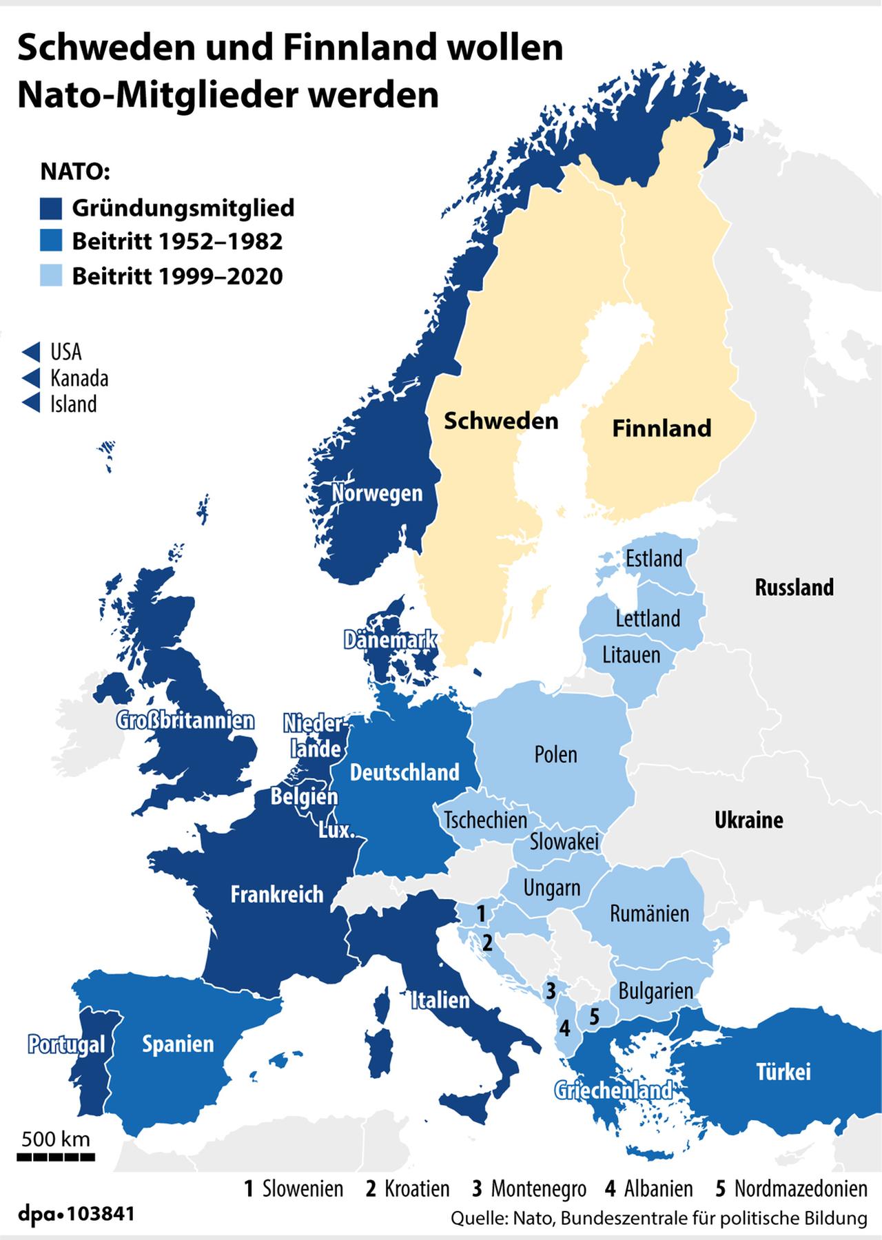 Die Grafik zeigt NATO-Beitritte von 1952 bis 1982 und Beitritte von 1999 bis 2020 sowie Schweden und Finnland, die nicht NATO-Mitglieder sind