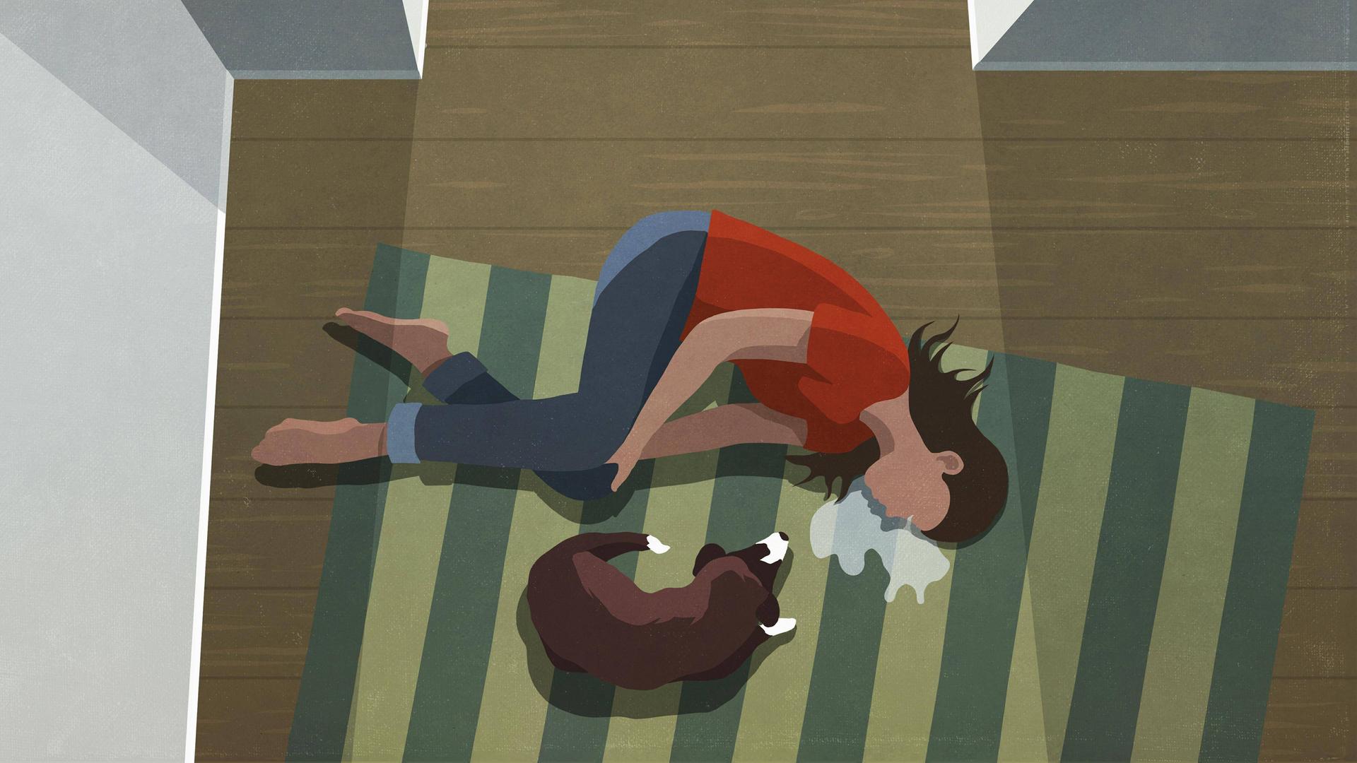 Illustration: Eine Frau liegt auf dem Boden und weint. Illustration: Eine Frau liegt auf dem Boden und weint.
