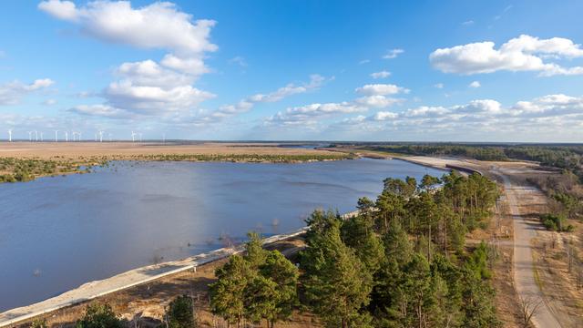 Cottbuser Ostsee, am Rand Wald, darüber blauer Himmel. Das Gelände war früher ein Braunkohle-Tagebau. Cottbuser Ostsee, am Rand Wald, darüber blauer Himmel. Das Gelände war früher ein Braunkohle-Tagebau.