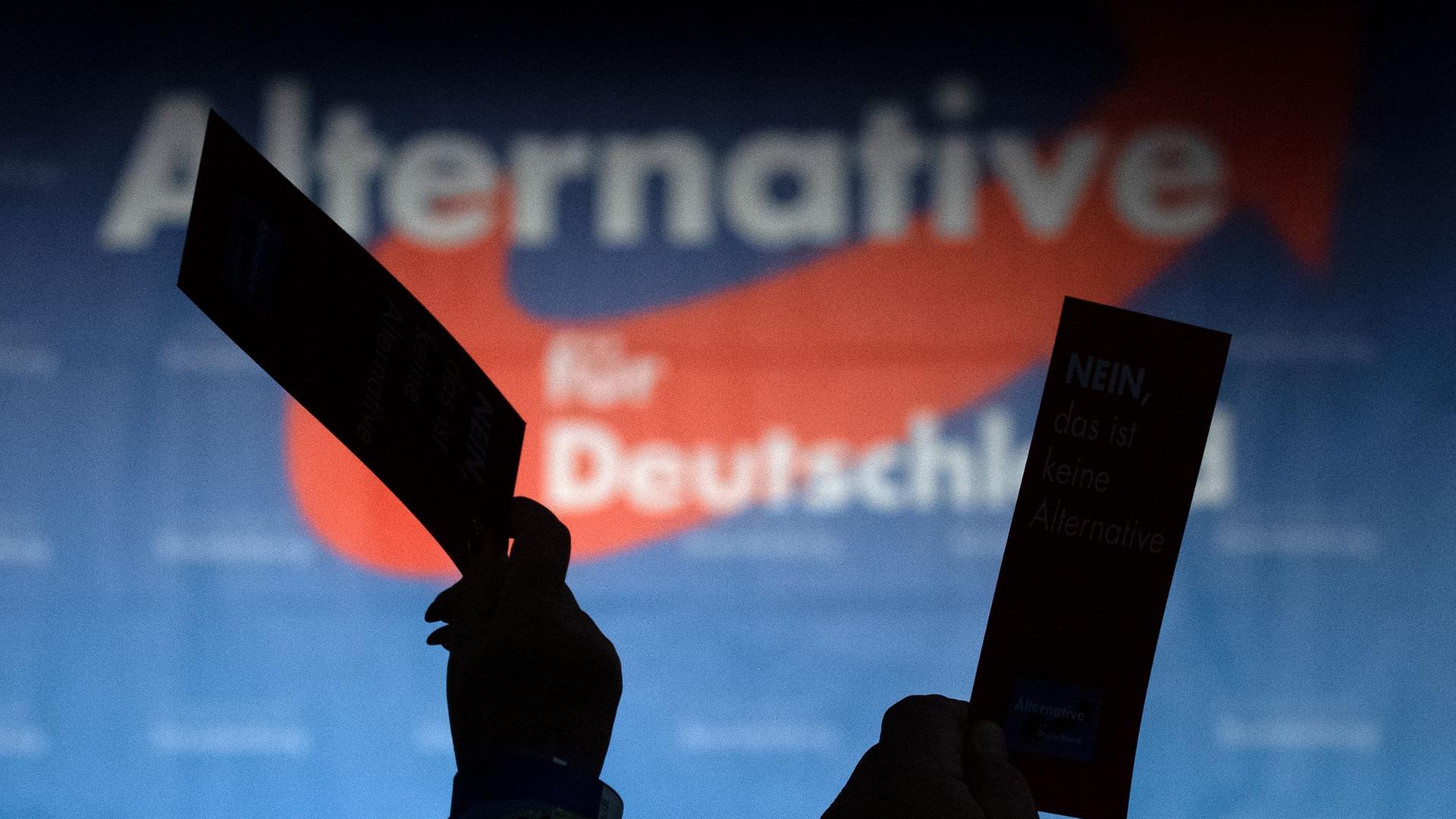 Delegierte stimmen mit Stimmkarten über Formalien ab, im Hintergrund das Logo der Alternative für Deutschland.