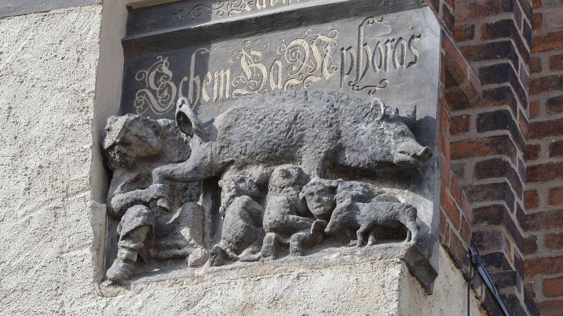 Das antisemitische Sandsteinrelief zeigt eine Sau, an deren Zitzen Menschen hängen. Das antisemitische Sandsteinrelief zeigt eine Sau, an deren Zitzen Menschen hängen.