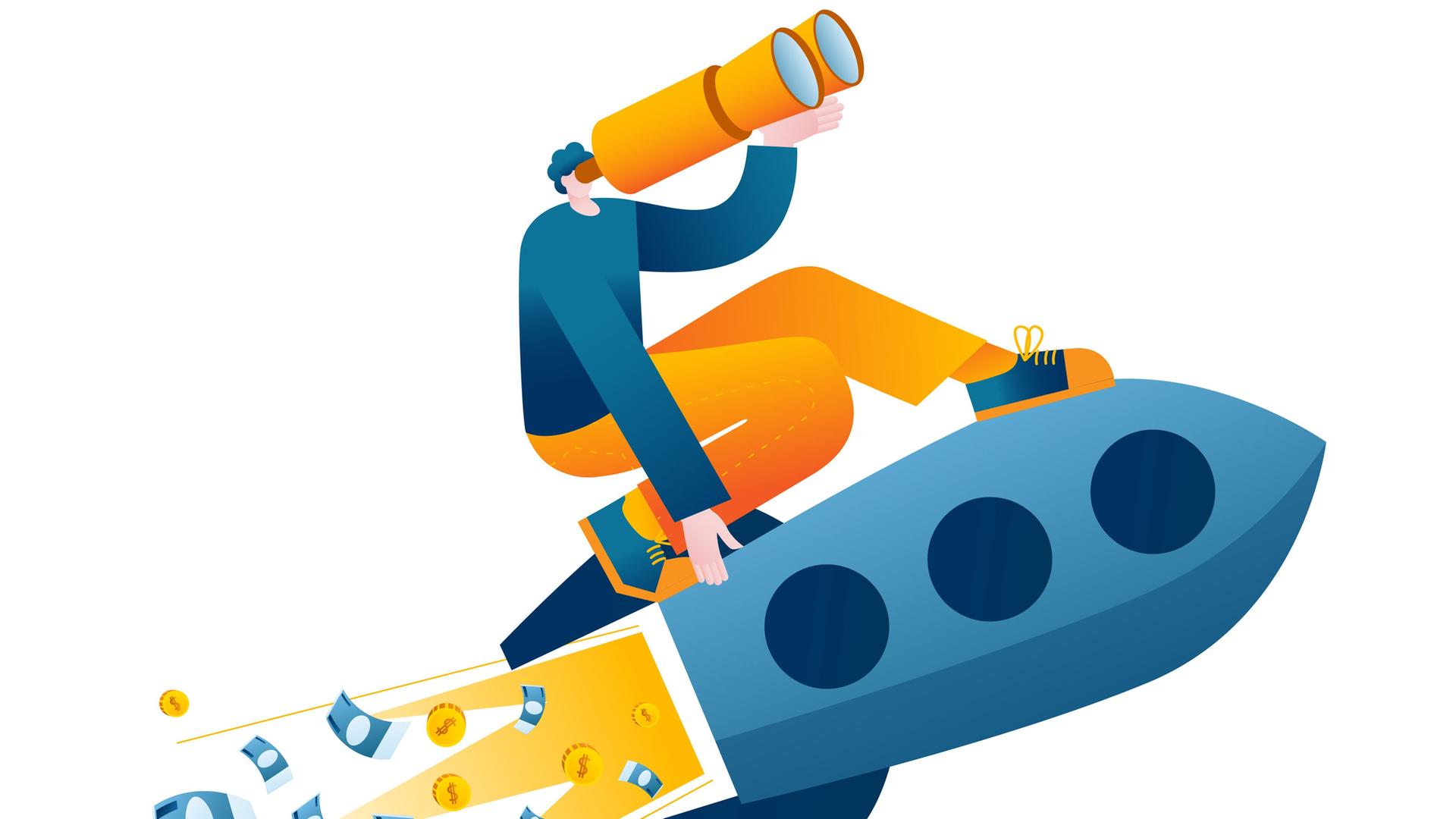 Illustration: Ein Mann fliegt auf einer Start-up-Rakete, aus der Geld regnet. Illustration: Ein Mann fliegt auf einer Start-up-Rakete, aus der Geld regnet.