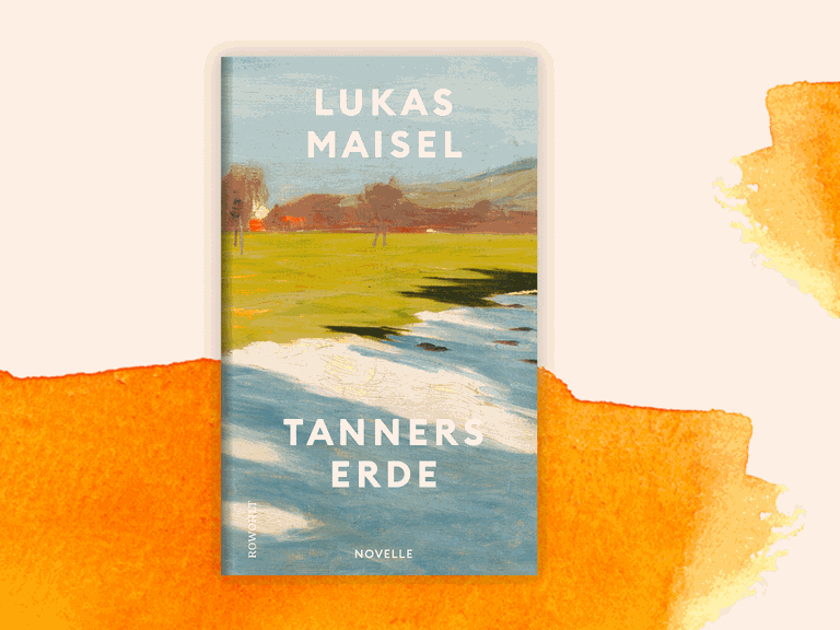 Der Umschlag von Lukas Maisels Novelle "Tanners Erde" zeigt in Ölfarben mit grobem Pinselstrich ein Seeufer, rötliche Bäume auf einer Wiese und sanft ansteigende Berge im Hintergrund.