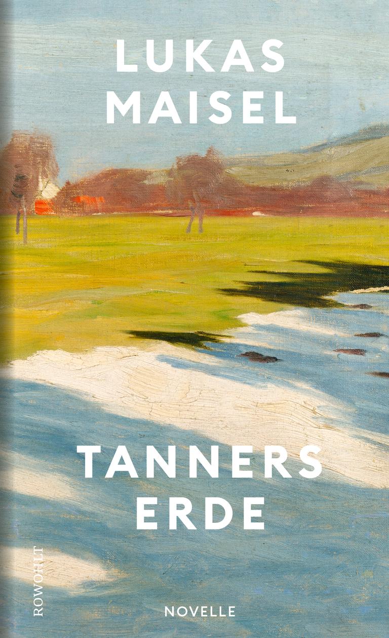 Der Umschlag von Lukas Maisels Novelle "Tanners Erde" zeigt in Ölfarben mit grobem Pinselstrich ein Seeufer, rötliche Bäume auf einer Wiese und sanft ansteigende Berge im Hintergrund.