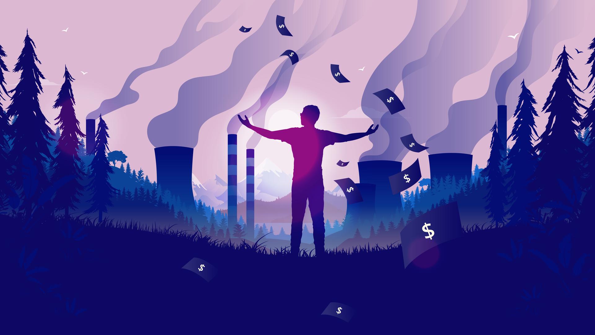 Illustration: Industrieanlagen in der Natur. Ein junger Mensch steht mit erhobenen Armen davor, Geld regnet vom Himmel. Illustration: Industrieanlagen in der Natur. Ein junger Mensch steht mit erhobenen Armen davor, Geld regnet vom Himmel.