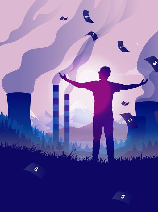 Illustration: Industrieanlagen in der Natur. Ein junger Mensch steht mit erhobenen Armen davor, Geld regnet vom Himmel.
