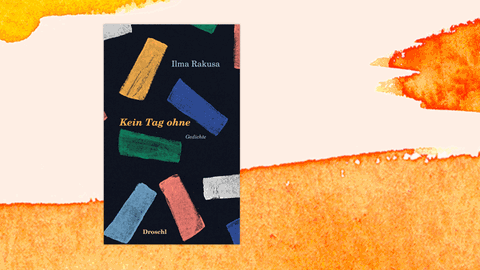 Cover des Gedichtsbandes von Ilma Rakusa mit dem Titel "Kein Tag ohne". Der Buchumschlag ist grafisch mit farbigen Rechtecken auf schwarzem Grund gestaltet.