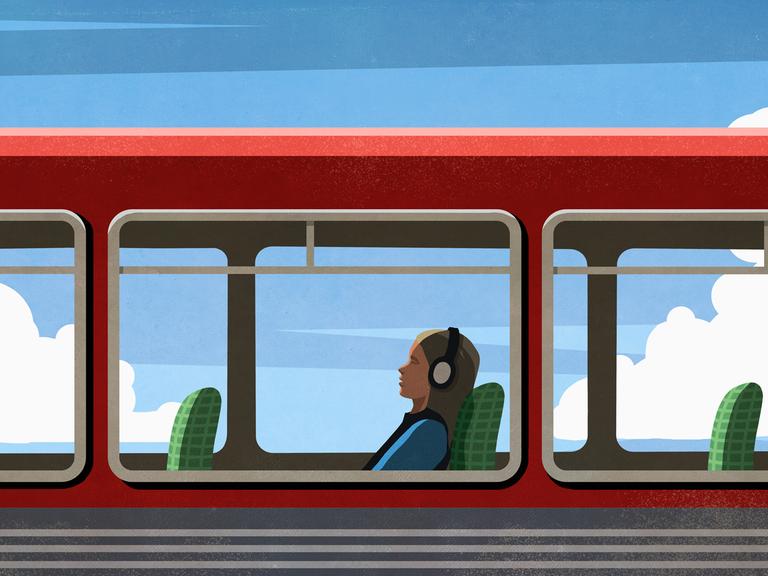 Illustration: Eine Person sitzt Kopfhörer tragend in einem Zug bei blauem Himmel.