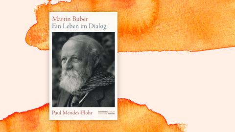 Das Cover des Sachbuchs von Paul Mendes-Flohr, "Martin Buber. Ein Leben im Dialog" auf orange-weißem Hintergrund. Es zeigt einen alten Mann mit schütterem, längerem, weißem Haar und einem kräftigen Vollbart im Halbprofil. Er trägt Sakko, darunter eine Weste und hat ein Tuch um den Hals geschlungen. Das Buch ist auf der Sachbuchbestenliste von Deutschlandfunk Kultur, ZDF und "Zeit".