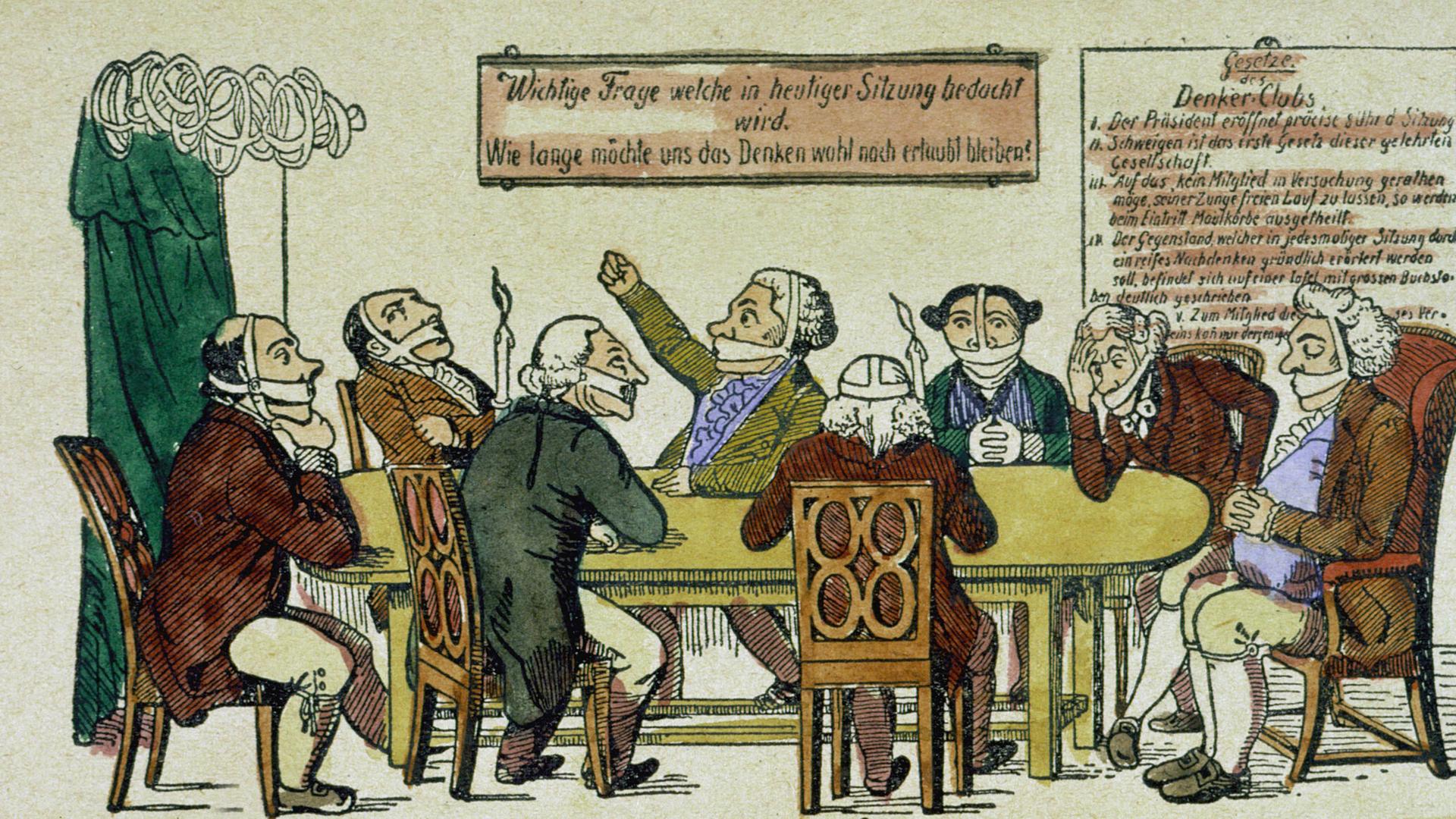 "Der Denker-Club": Eine Karikatur nimmt die Zensur durch die "Karlsbader Beschlüsse" von 1819 aufs Korn. Radierung, koloriert, Deutschland, um 1825.