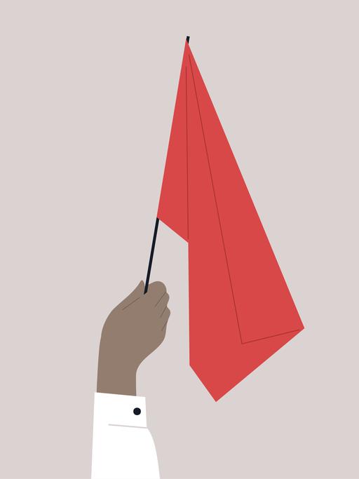 Illustration: Eine Hand schwänkt eine rote Fahne. 