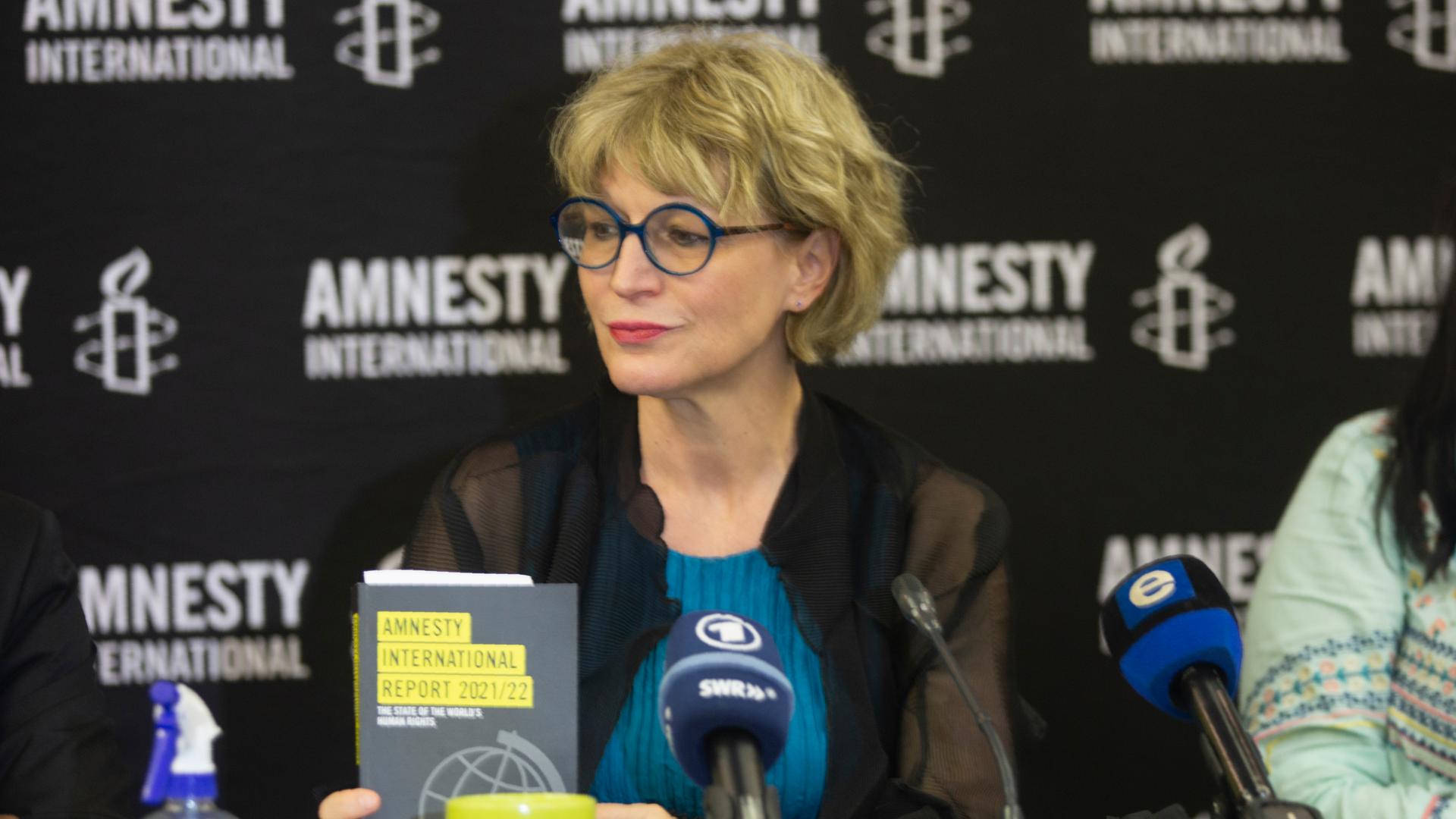 Agnes Callamard, Generalsekretärin der Menschenrechtsorganisation Amnesty International auf einer Konferenz in der südafrikanischen Stadt Johnnesburg Agnes Callamard, Generalsekretärin der Menschenrechtsorganisation Amnesty International auf einer Konferenz in der südafrikanischen Stadt Johnnesburg