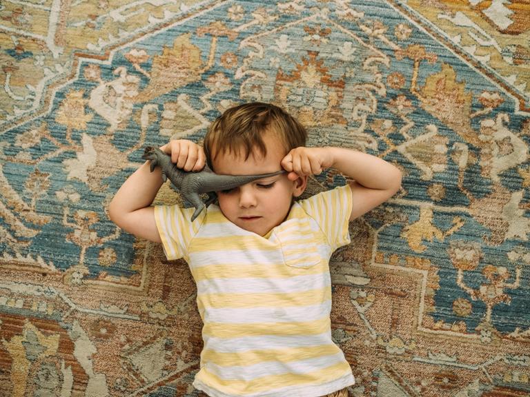 Ein Junge liegt mit dem Rücken auf einem Teppich und hält einen Spielzeugdinosaurier über der Stirn.