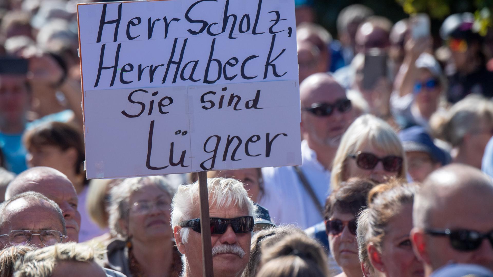 Menschen nehmen an einer Demonstration teil. Ein Mann hält ein Schild hoch, auf dem steht: "Herr Scholz, Herr Habeck, Sie sind Lügner" Menschen nehmen an einer Demonstration teil. Ein Mann hält ein Schild hoch, auf dem steht: "Herr Scholz, Herr Habeck, Sie sind Lügner"