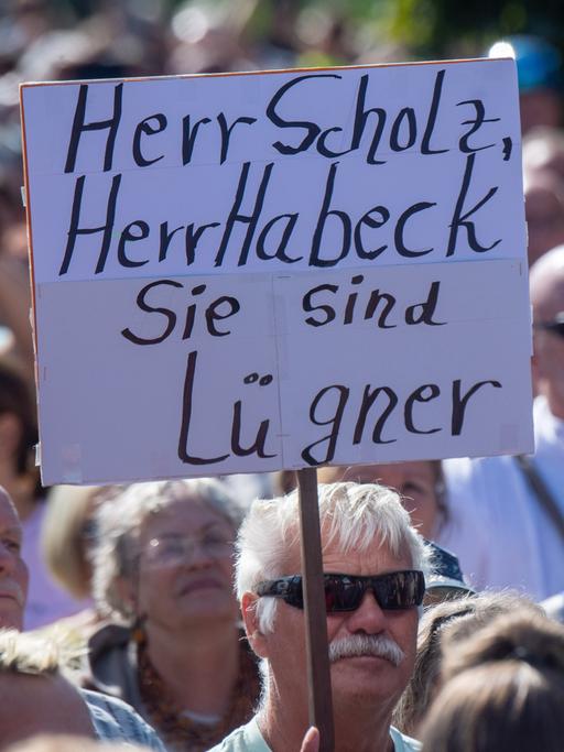 Menschen nehmen an einer Demonstration teil. Ein Mann hält ein Schild hoch, auf dem steht: "Herr Scholz, Herr Habeck, Sie sind Lügner"