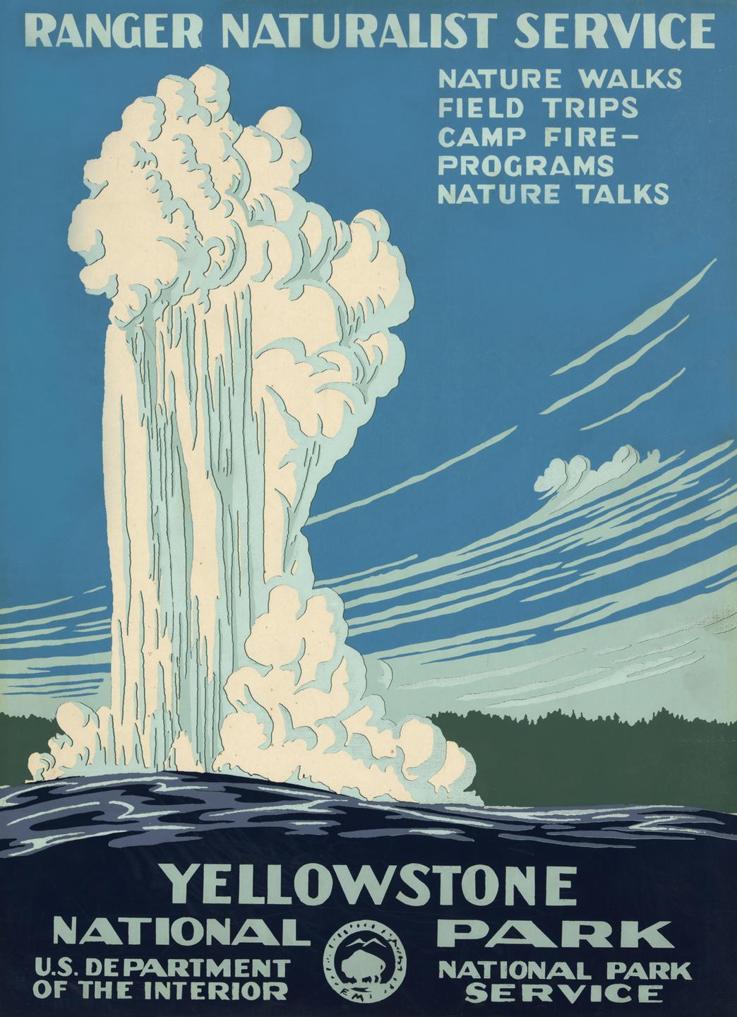 Eine beschriftetes Poster mit einer Abbildung einer weißen Dampf- und Wasserfontäne, die vor blauem Hintergrund aus dem Boden spritzt. Eine beschriftetes Poster mit einer Abbildung einer weißen Dampf- und Wasserfontäne, die vor blauem Hintergrund aus dem Boden spritzt.
