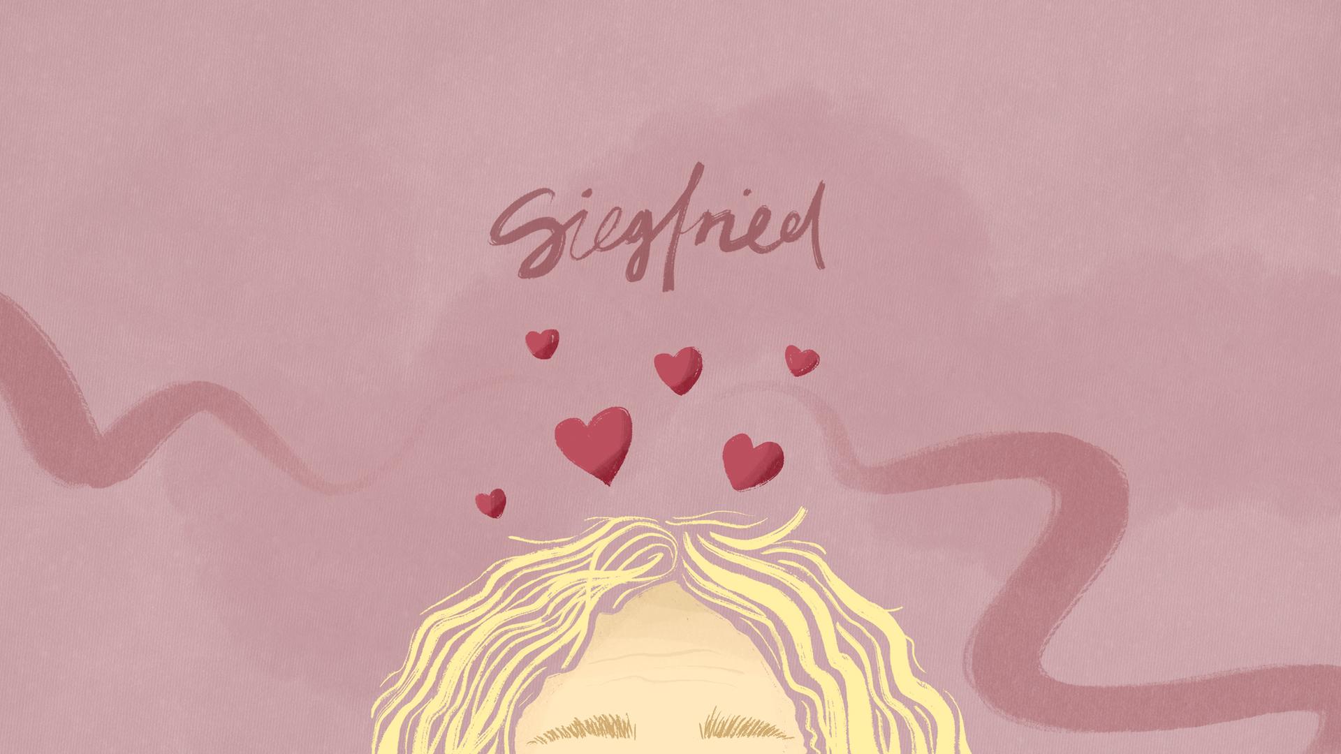 Eine Illustration zeigt die Stirn und die blonden Haare des Siegfrieds, über seinem Kopf fliegen kleine Herzen.