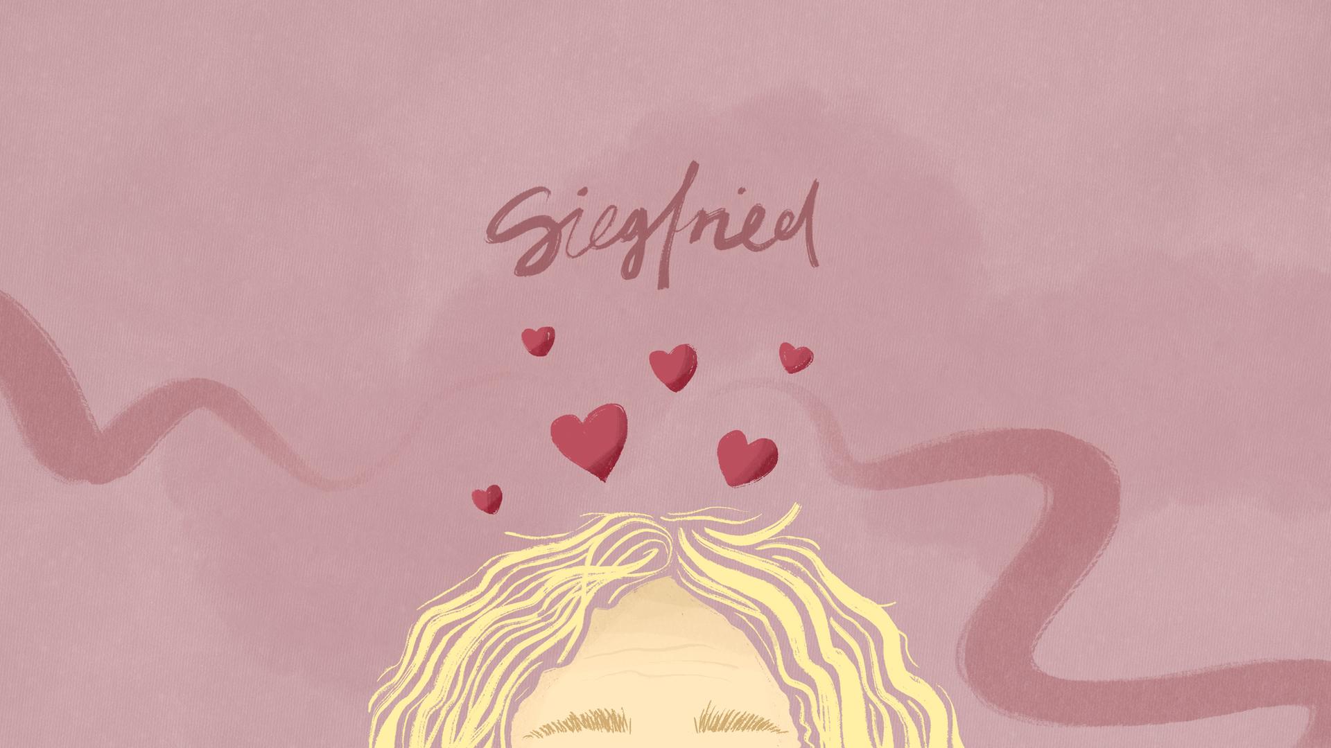 Eine Illustration zeigt die Stirn und die blonden Haare des Siegfrieds, über seinem Kopf fliegen kleine Herzen. Eine Illustration zeigt die Stirn und die blonden Haare des Siegfrieds, über seinem Kopf fliegen kleine Herzen.