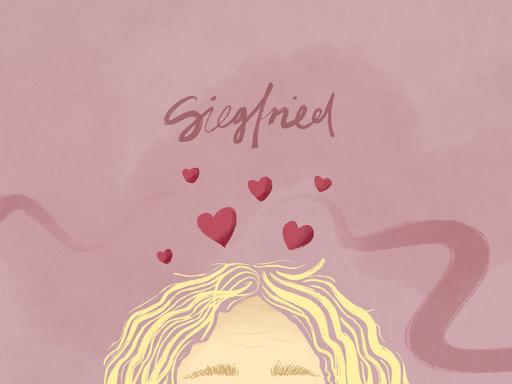 Eine Illustration zeigt die Stirn und die blonden Haare des Siegfrieds, über seinem Kopf fliegen kleine Herzen.