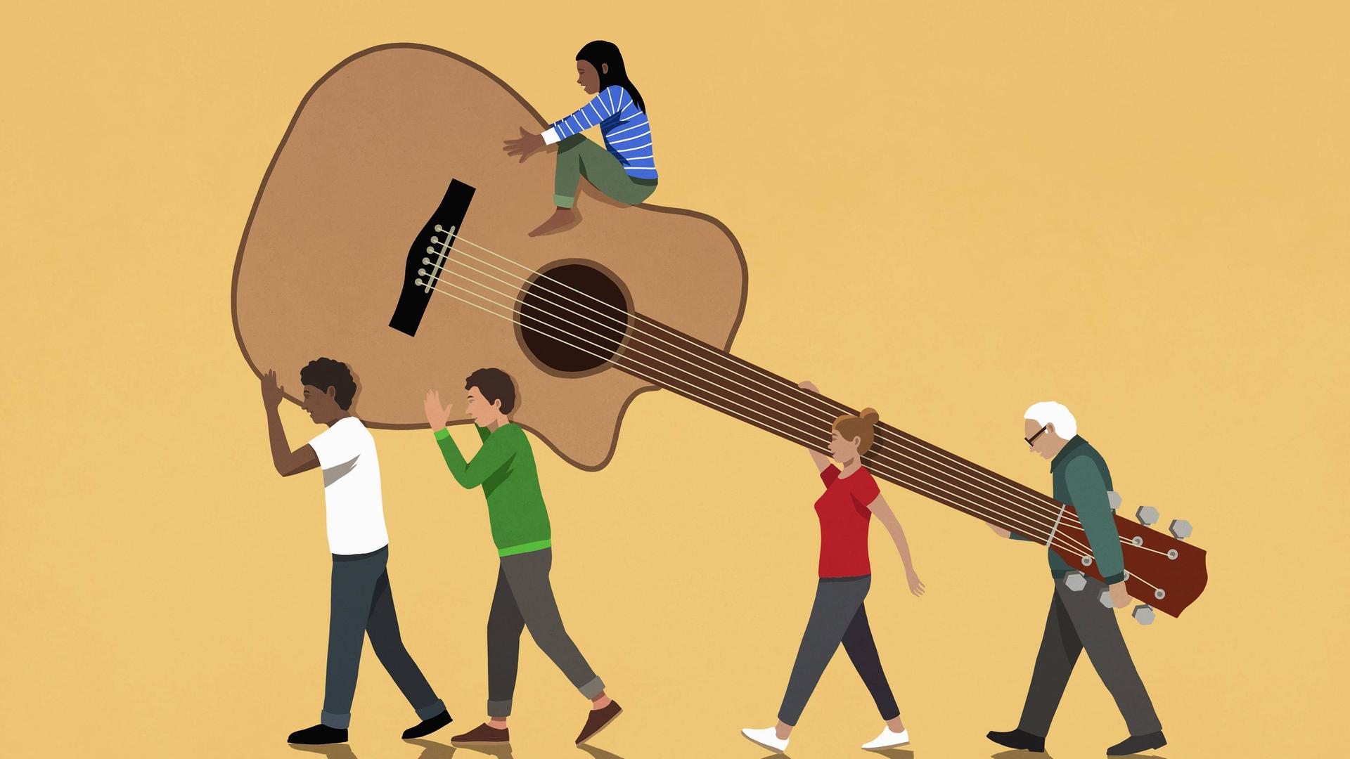 Illustration einer diversen Menschengruppe, die eine Gitarre trägt Illustration einer diversen Menschengruppe, die eine Gitarre trägt