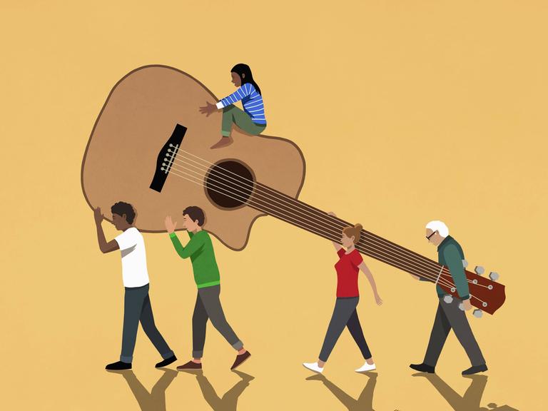 Illustration einer diversen Menschengruppe, die eine Gitarre trägt