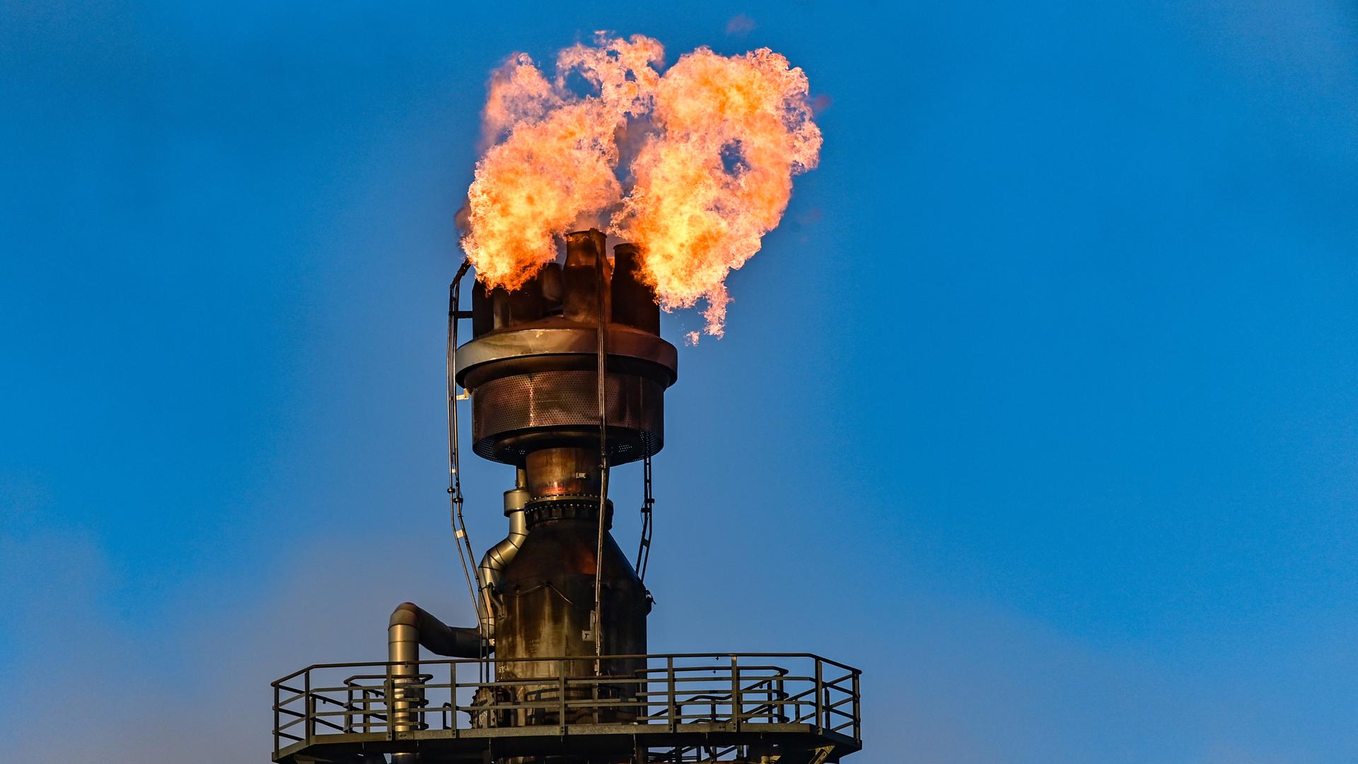 Das Foto zeigt die Verbrennung von überschüssigem Gas in der Rohölverarbeitungsanlage PCK in Schwedt: Eine große Flamme entweicht einem Schlot. Das Foto zeigt die Verbrennung von überschüssigem Gas in der Rohölverarbeitungsanlage PCK in Schwedt: Eine große Flamme entweicht einem Schlot.