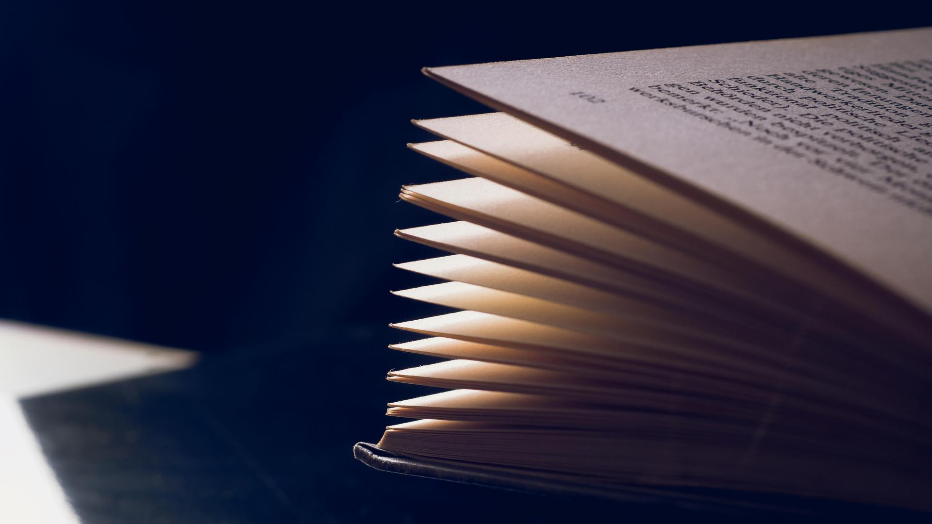 Geöffnetes und gefächertes Buch vor dunklem Hintergrund mit Textfreiraum Geöffnetes und gefächertes Buch vor dunklem Hintergrund mit Textfreiraum