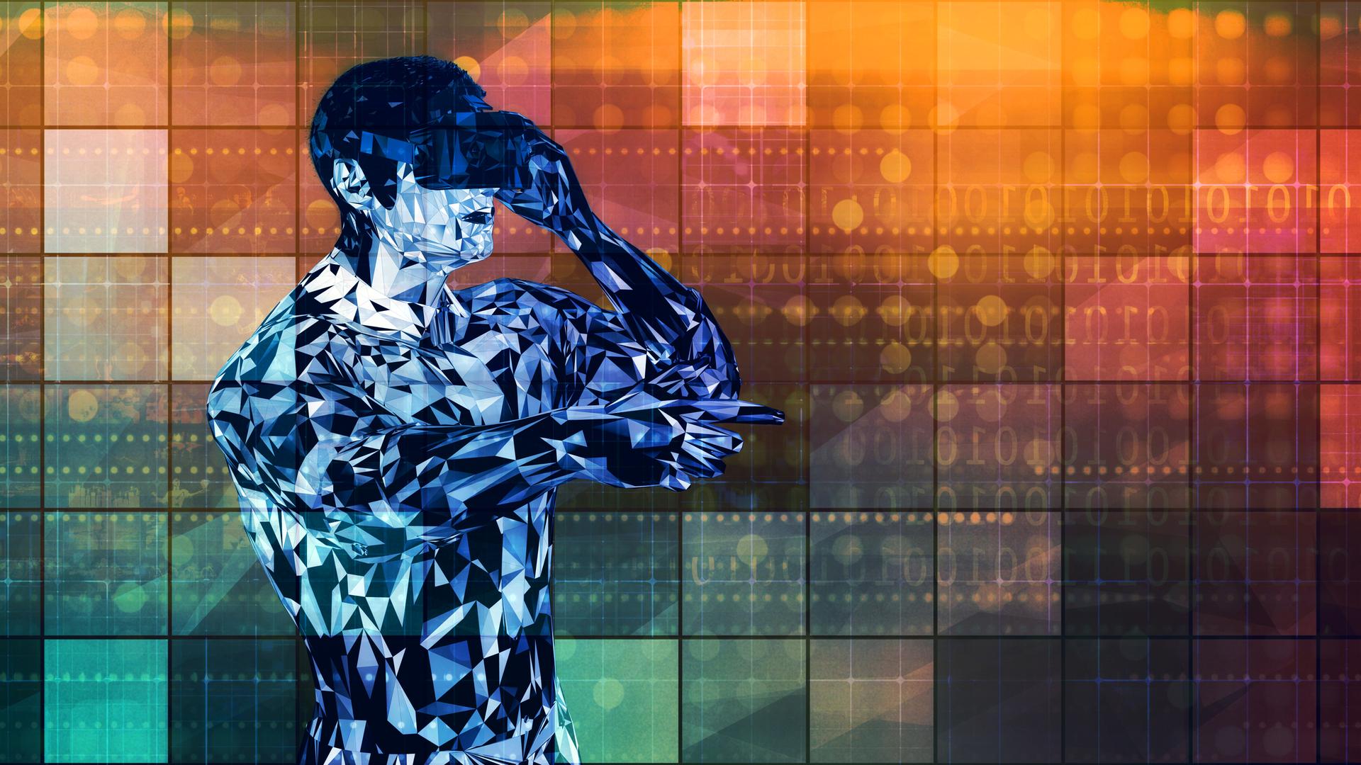 Illustration einer Person, die eine VR-Brille trägt Illustration einer Person, die eine VR-Brille trägt